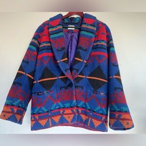 Vintage Neiman Marcus Wool Blazer Jacket Aztec Print 1960’s